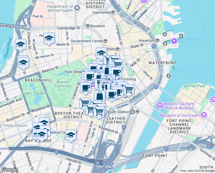 map of restaurants, bars, coffee shops, grocery stores, and more near in Boston
