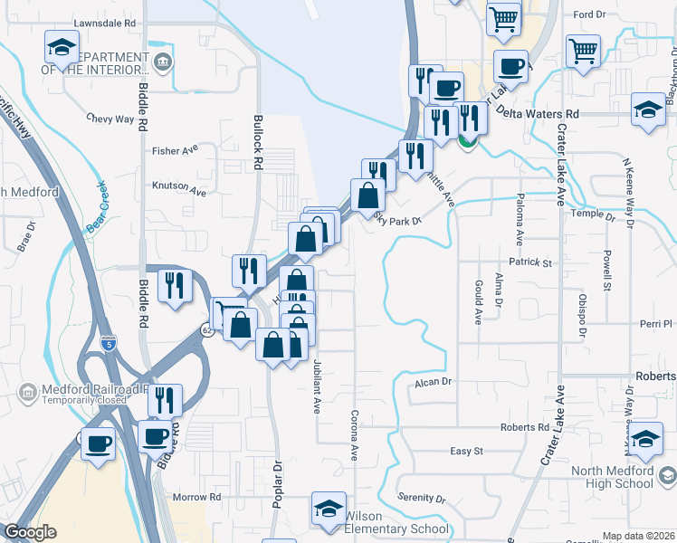 map of restaurants, bars, coffee shops, grocery stores, and more near 2541 Corona Avenue in Medford