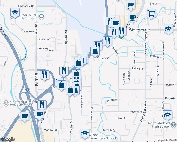map of restaurants, bars, coffee shops, grocery stores, and more near 2529 Corona Avenue in Medford