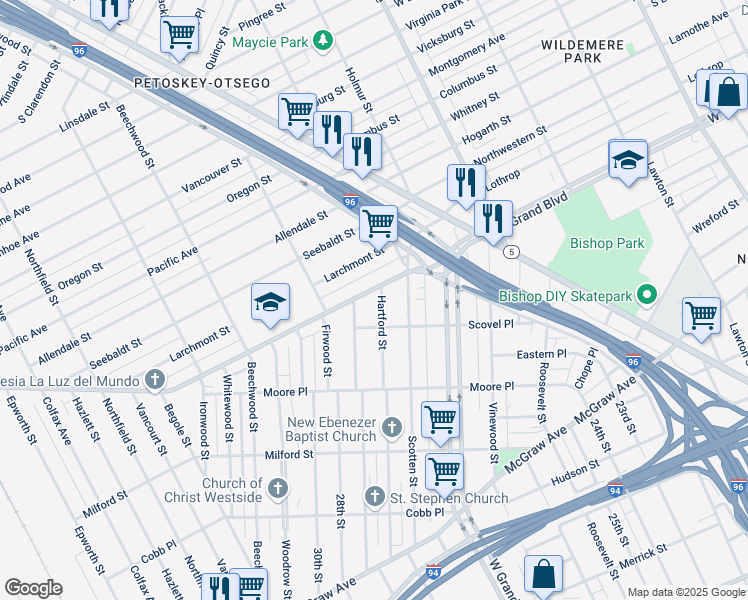 map of restaurants, bars, coffee shops, grocery stores, and more near 4242 Scovel Place in Detroit