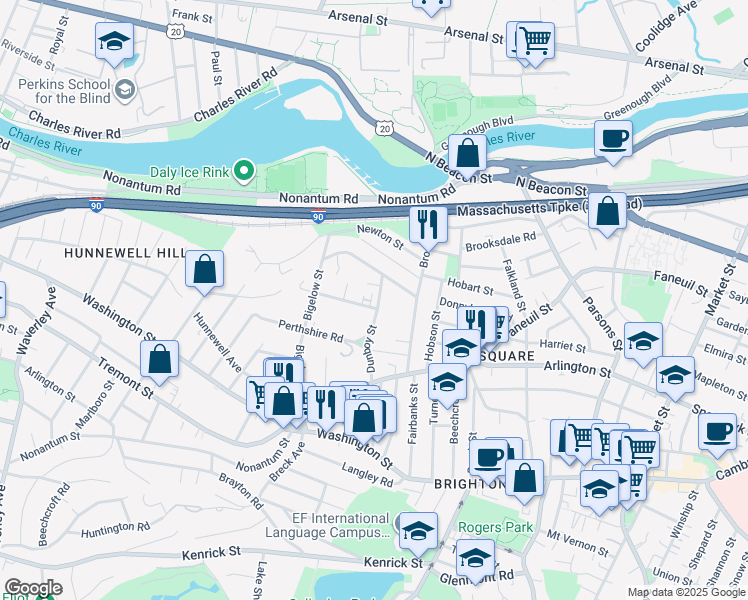 map of restaurants, bars, coffee shops, grocery stores, and more near 61 Dunboy Street in Boston