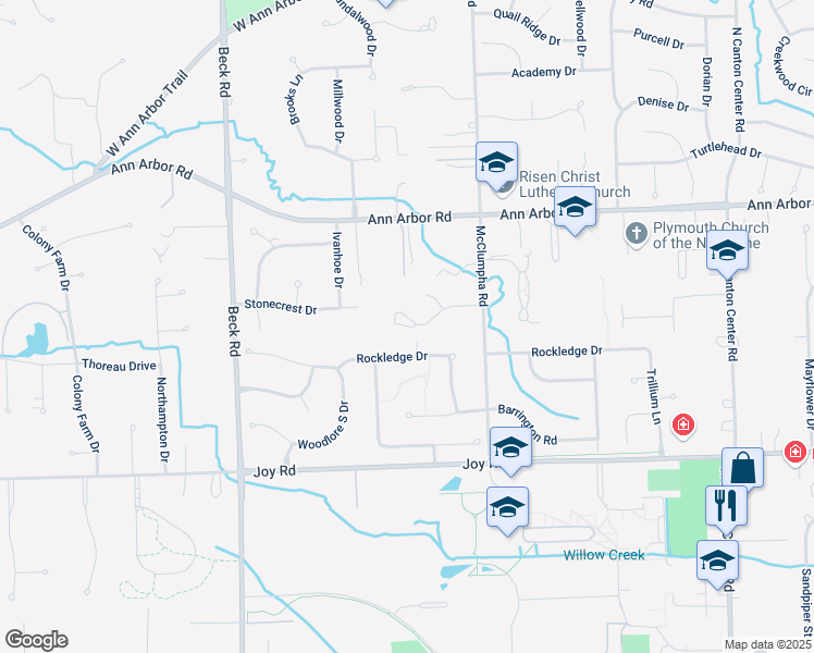 map of restaurants, bars, coffee shops, grocery stores, and more near 46665 Arboretum Circle in Plymouth