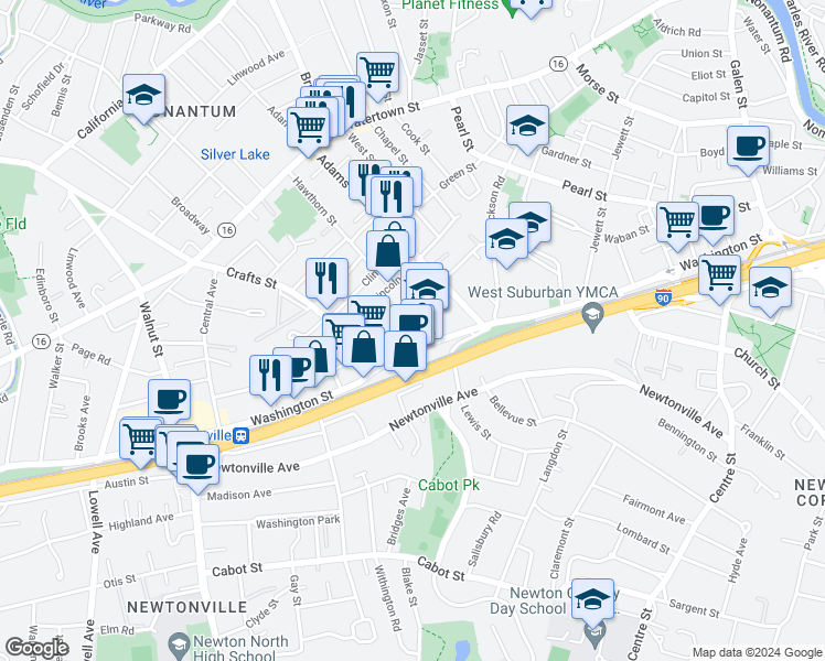 map of restaurants, bars, coffee shops, grocery stores, and more near 18 Lenglen Road in Newton