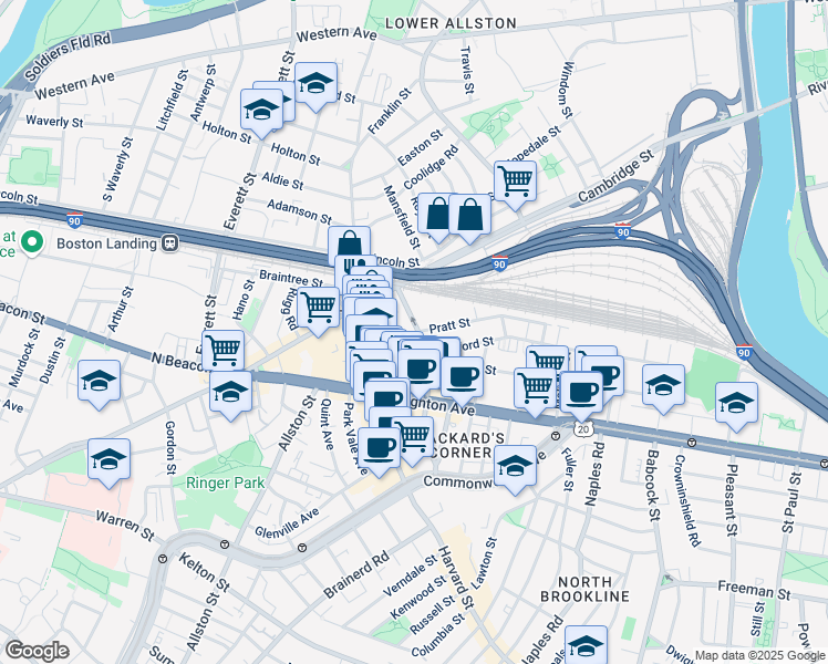 map of restaurants, bars, coffee shops, grocery stores, and more near 22 Pratt Street in Boston