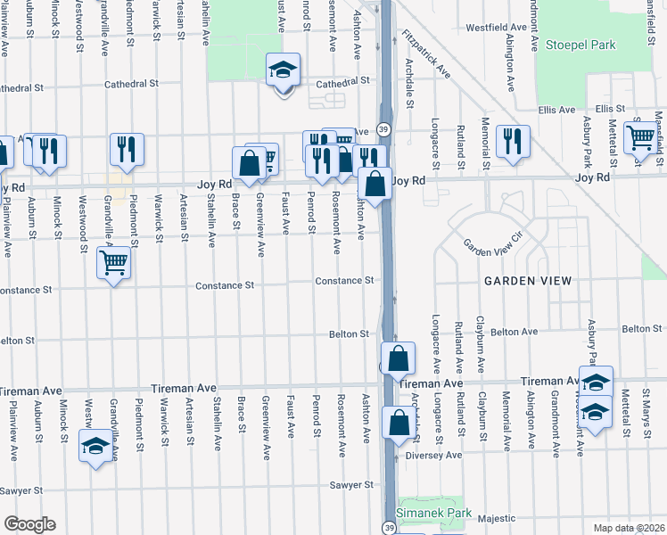 map of restaurants, bars, coffee shops, grocery stores, and more near 8482 Rosemont Avenue in Detroit