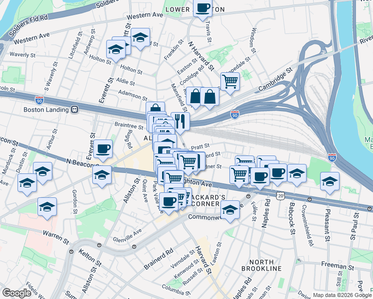 map of restaurants, bars, coffee shops, grocery stores, and more near Linden St & Pratt St in Boston