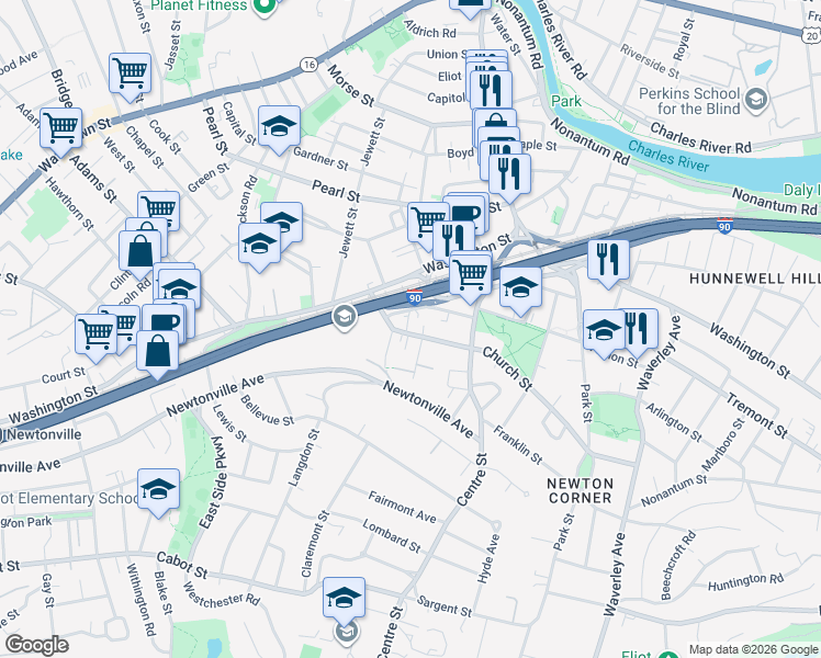 map of restaurants, bars, coffee shops, grocery stores, and more near 217 Church Street in Newton