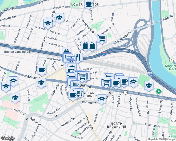 map of restaurants, bars, coffee shops, grocery stores, and more near 22 Pratt Street in Boston