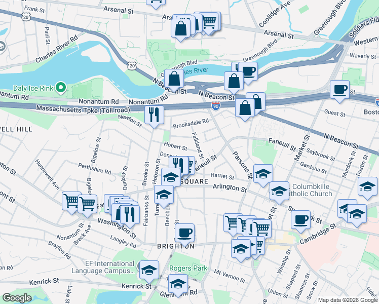 map of restaurants, bars, coffee shops, grocery stores, and more near 20 Corinne Road in Boston