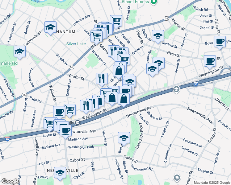 map of restaurants, bars, coffee shops, grocery stores, and more near 61-63 Lincoln Road in Newton