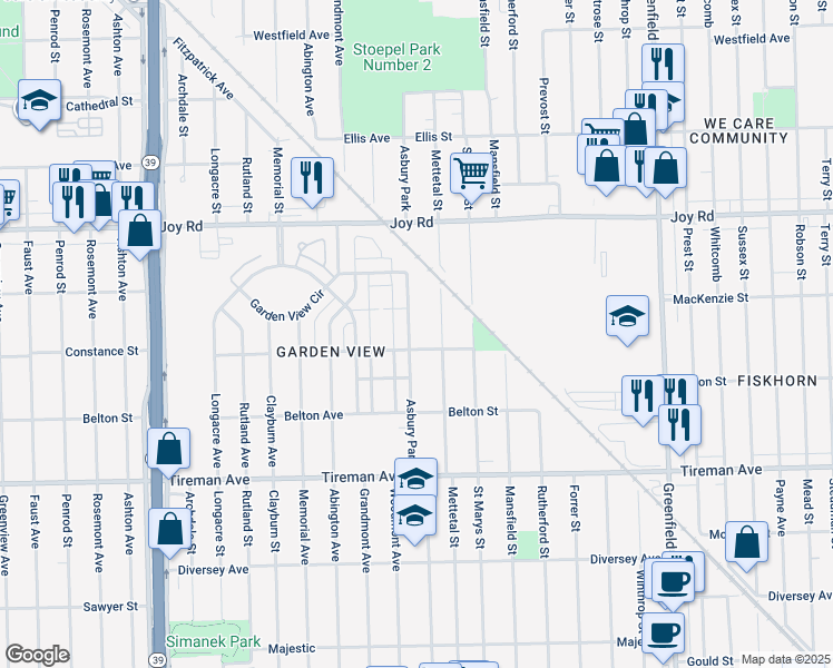map of restaurants, bars, coffee shops, grocery stores, and more near 8480 Asbury Park in Detroit