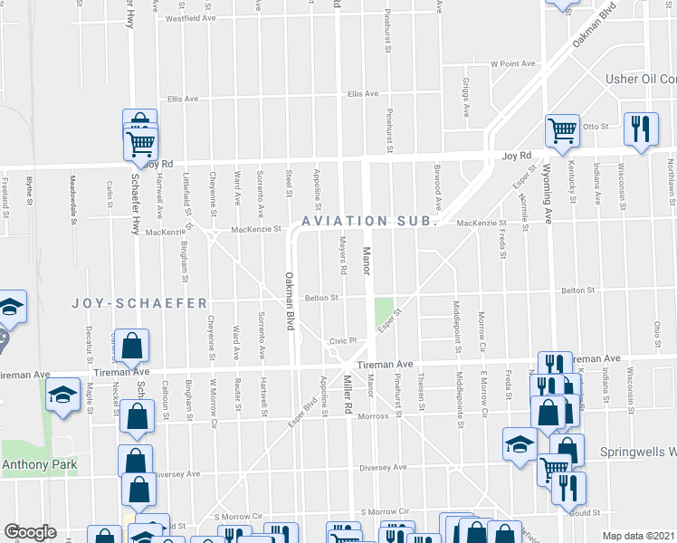 map of restaurants, bars, coffee shops, grocery stores, and more near 8259 Meyers Road in Detroit