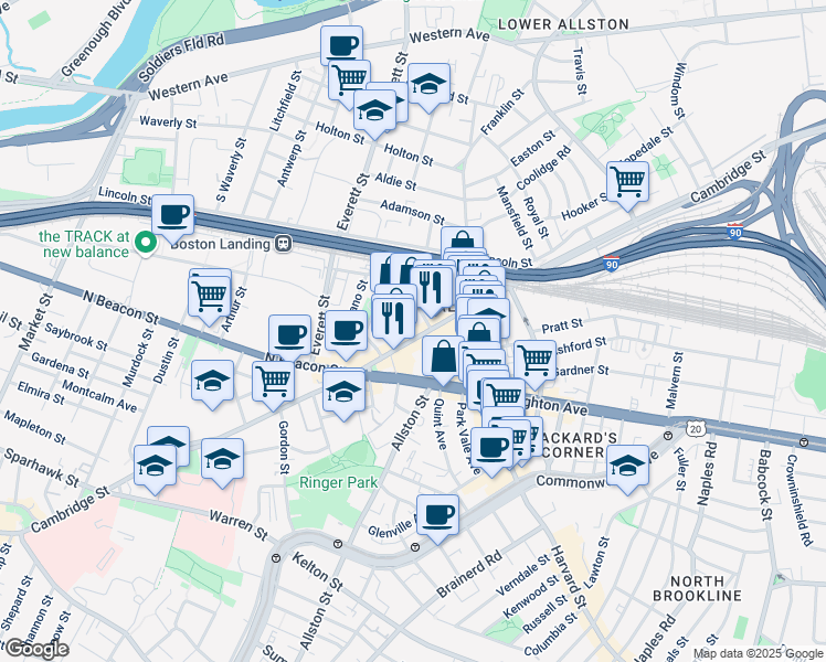 map of restaurants, bars, coffee shops, grocery stores, and more near 441 Cambridge Street in Boston