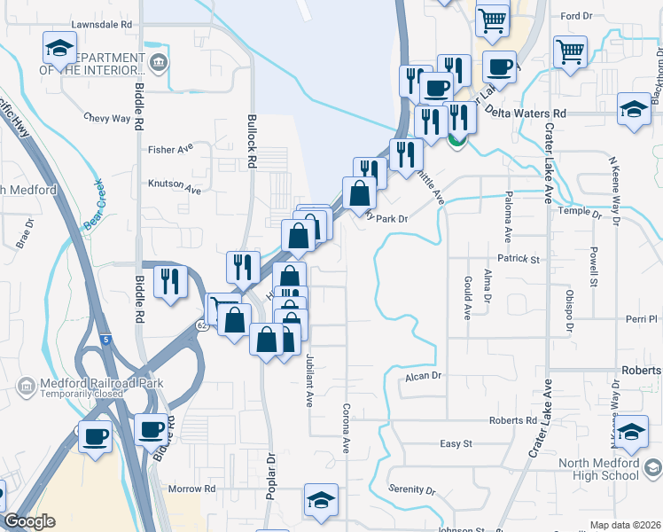 map of restaurants, bars, coffee shops, grocery stores, and more near 2686 Crater Lake Hwy in Medford