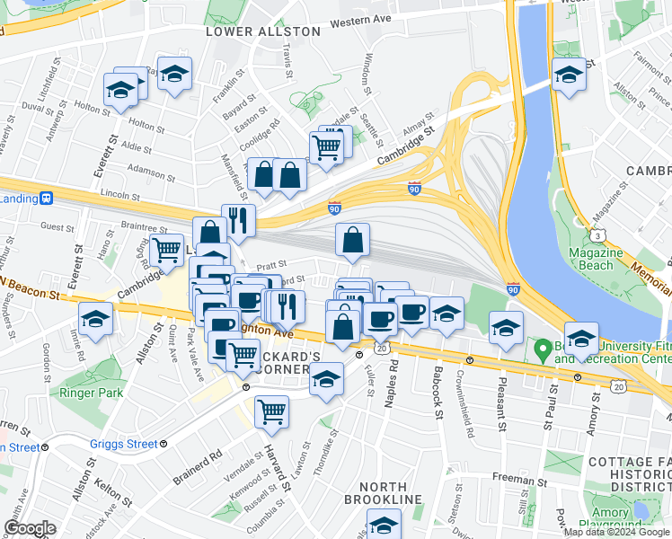 map of restaurants, bars, coffee shops, grocery stores, and more near 4 Wadsworth Street in Boston