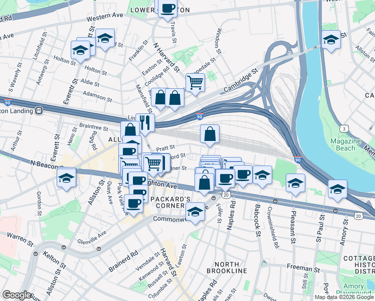 map of restaurants, bars, coffee shops, grocery stores, and more near 4 Wadsworth Street in Boston
