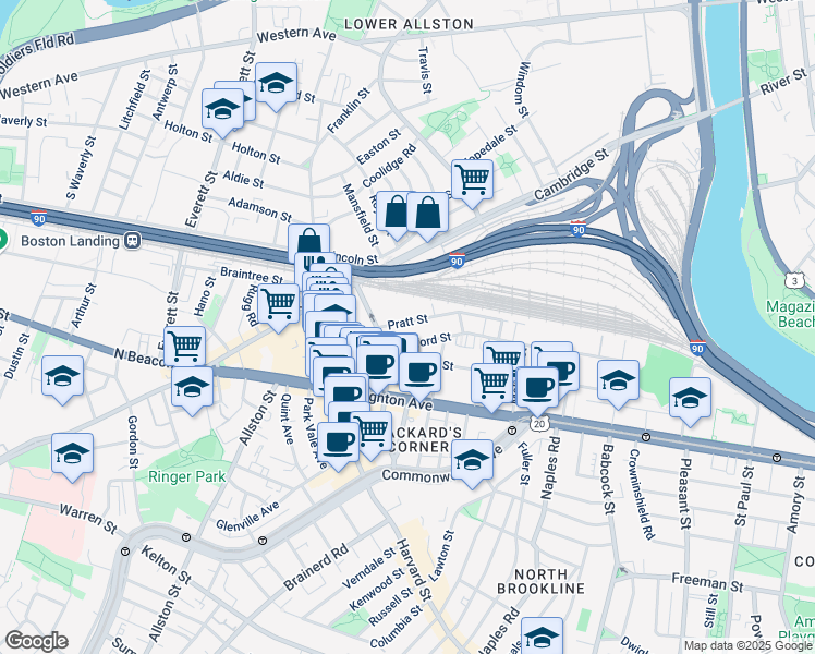 map of restaurants, bars, coffee shops, grocery stores, and more near 22 Pratt Street in Boston