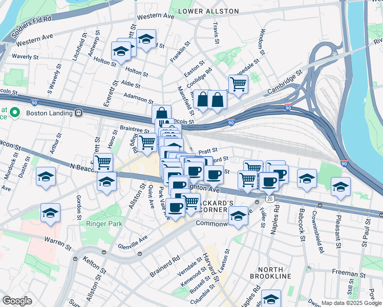 map of restaurants, bars, coffee shops, grocery stores, and more near 22 Pratt Street in Boston