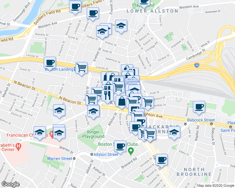 map of restaurants, bars, coffee shops, grocery stores, and more near 15 Denby Road in Boston