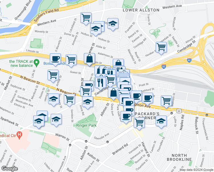 map of restaurants, bars, coffee shops, grocery stores, and more near 15 Denby Road in Boston