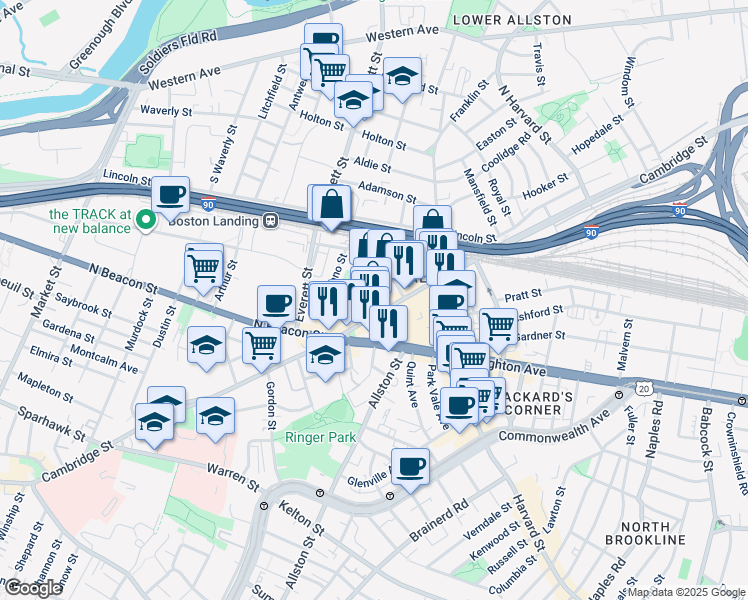 map of restaurants, bars, coffee shops, grocery stores, and more near 32 Rugg Road in Boston