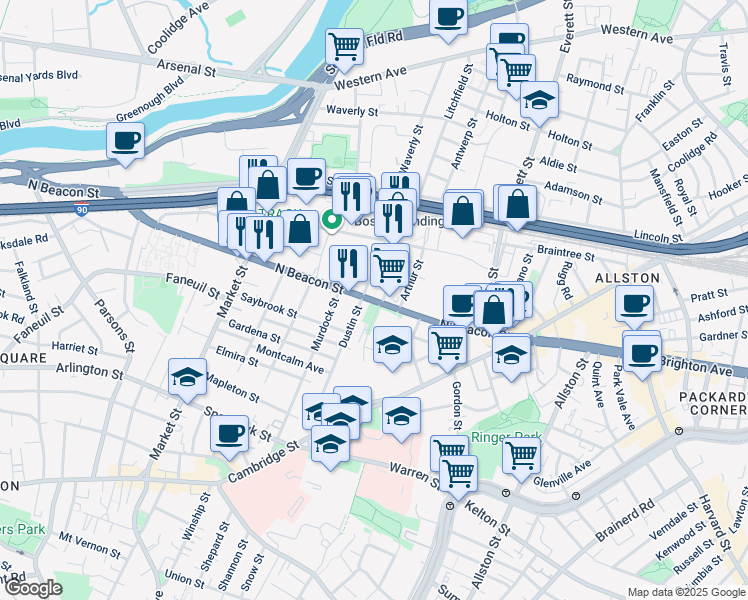 map of restaurants, bars, coffee shops, grocery stores, and more near 35 Hichborn Street in Boston