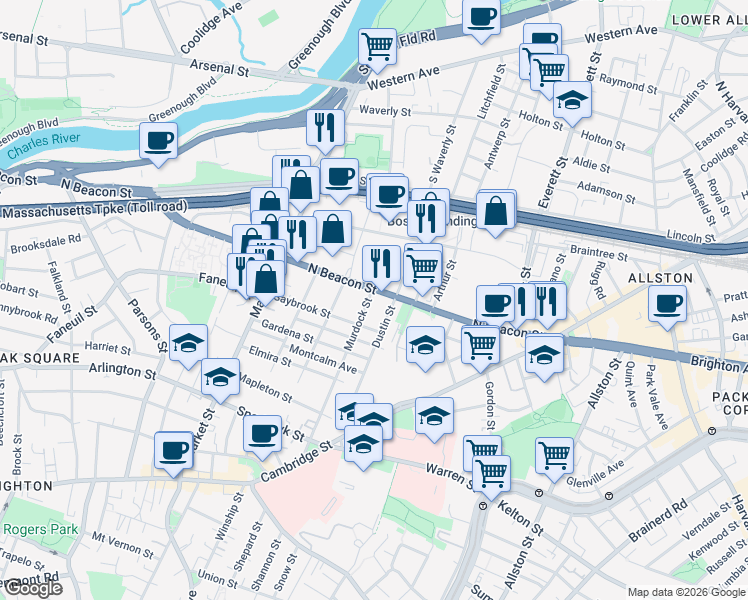 map of restaurants, bars, coffee shops, grocery stores, and more near 155-157 Murdock Street in Boston