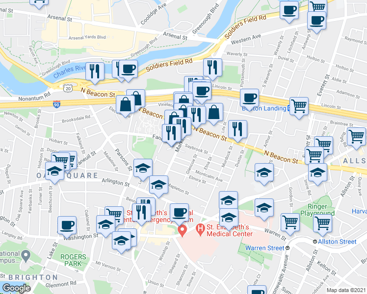 map of restaurants, bars, coffee shops, grocery stores, and more near 212 Market Street in Boston