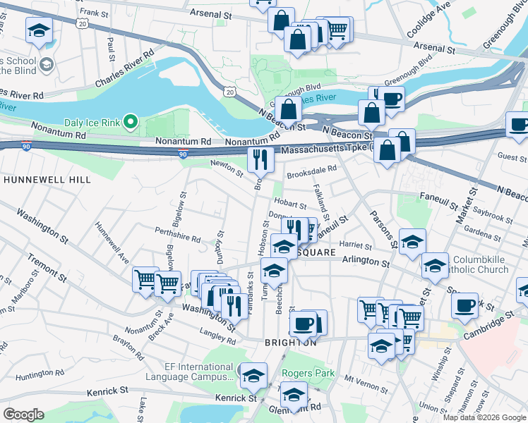 map of restaurants, bars, coffee shops, grocery stores, and more near 89 Hobart Street in Boston