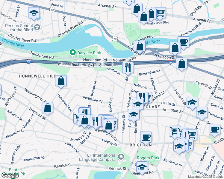 map of restaurants, bars, coffee shops, grocery stores, and more near 183 Bigelow Street in Boston
