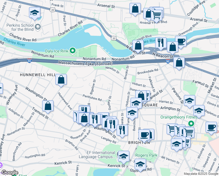 map of restaurants, bars, coffee shops, grocery stores, and more near 183 Bigelow Street in Boston