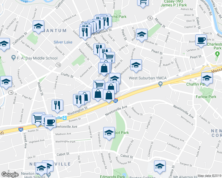 map of restaurants, bars, coffee shops, grocery stores, and more near 40 Lincoln Road in Newton