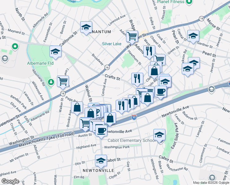 map of restaurants, bars, coffee shops, grocery stores, and more near 66 Prescott Street in Newton