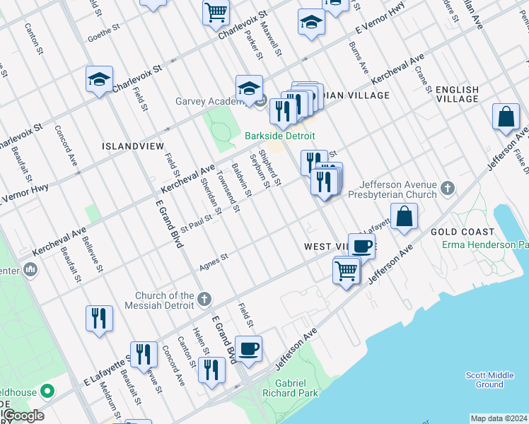 map of restaurants, bars, coffee shops, grocery stores, and more near 1520 Baldwin Street in Detroit