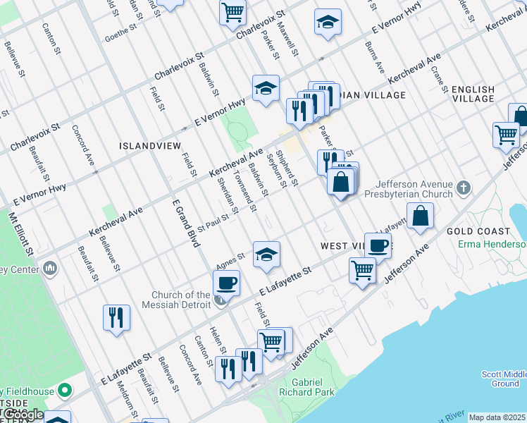 map of restaurants, bars, coffee shops, grocery stores, and more near 1714 Townsend Street in Detroit