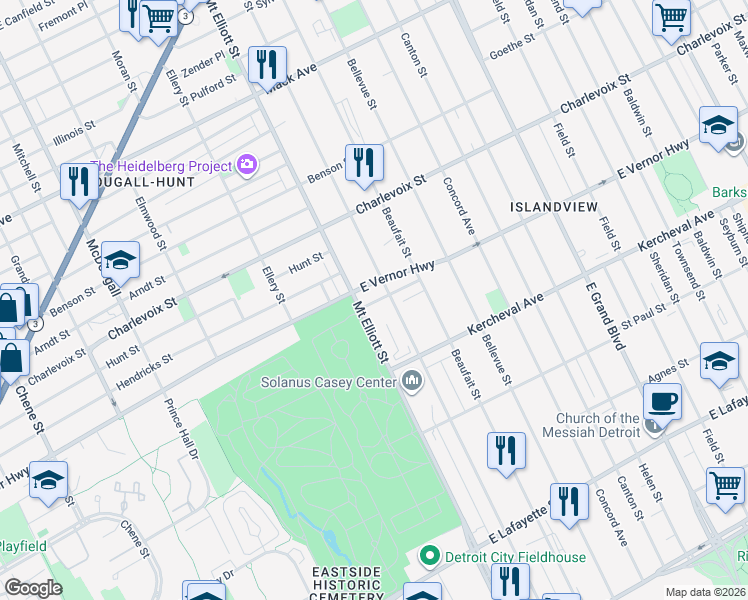 map of restaurants, bars, coffee shops, grocery stores, and more near 3674 East Vernor Highway in Detroit