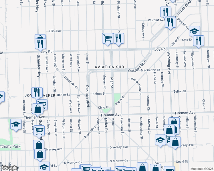 map of restaurants, bars, coffee shops, grocery stores, and more near 8314 Meyers Road in Detroit