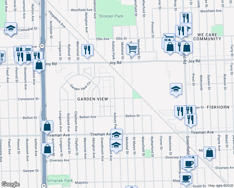 map of restaurants, bars, coffee shops, grocery stores, and more near 8480 Asbury Park in Detroit