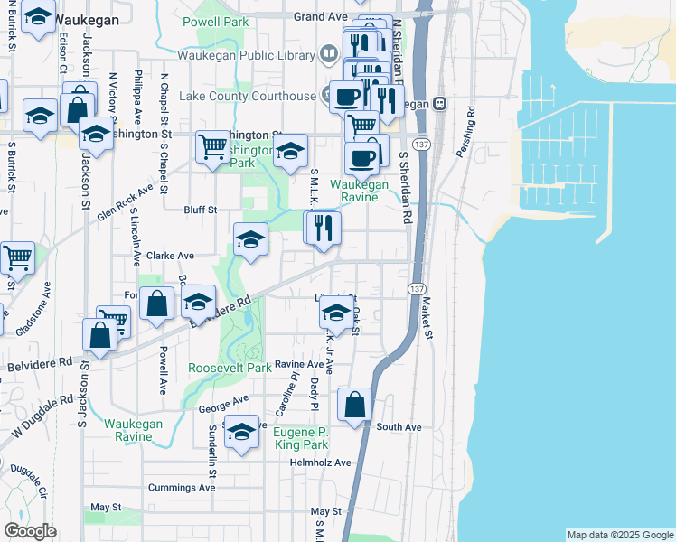 map of restaurants, bars, coffee shops, grocery stores, and more near 219 South County Street in Waukegan
