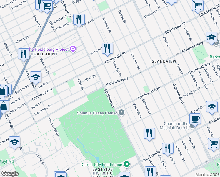 map of restaurants, bars, coffee shops, grocery stores, and more near 3674 East Vernor Highway in Detroit