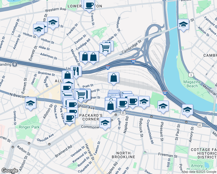map of restaurants, bars, coffee shops, grocery stores, and more near 4 Wadsworth Street in Boston