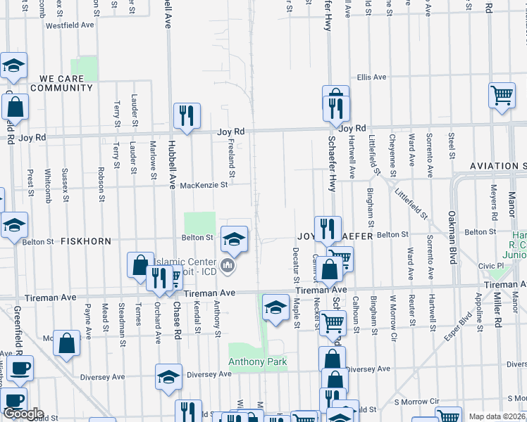 map of restaurants, bars, coffee shops, grocery stores, and more near 13901 Joy Road in Detroit