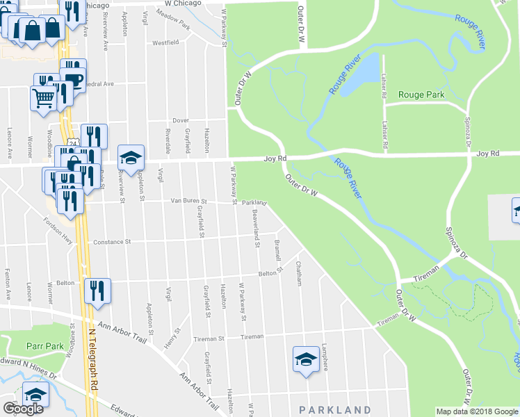 map of restaurants, bars, coffee shops, grocery stores, and more near 8511 Parkland in Detroit