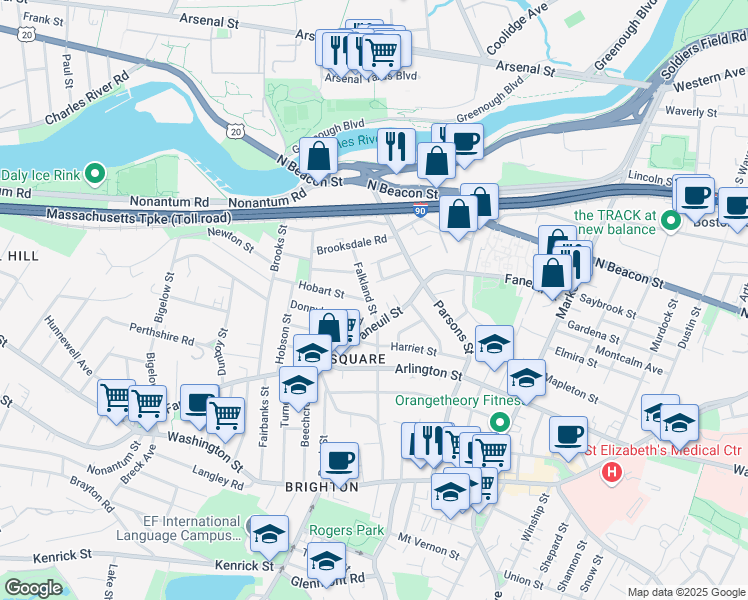 map of restaurants, bars, coffee shops, grocery stores, and more near 19 Falkland Street in Boston