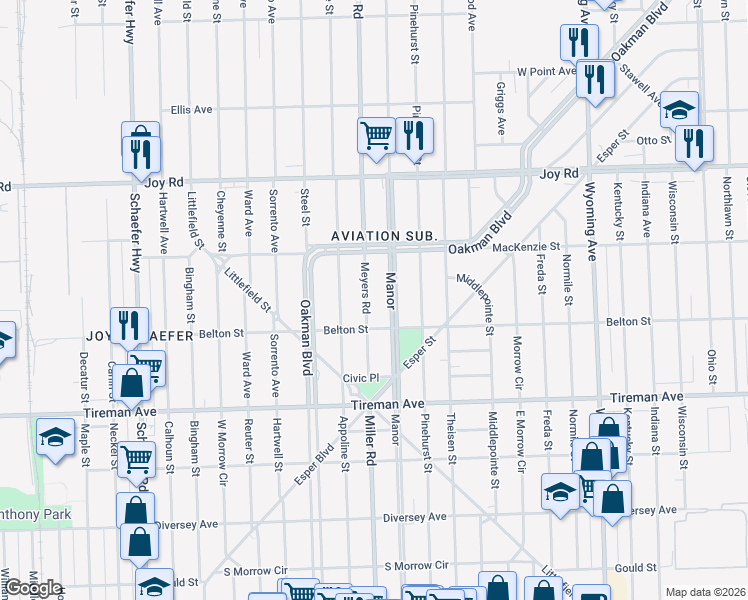 map of restaurants, bars, coffee shops, grocery stores, and more near 8314 Meyers Road in Detroit