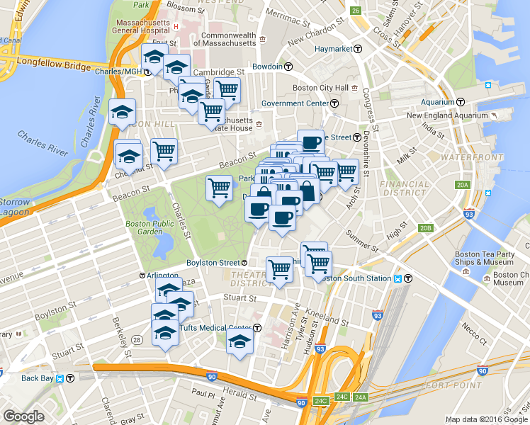 map of restaurants, bars, coffee shops, grocery stores, and more near Highway 3 in Boston