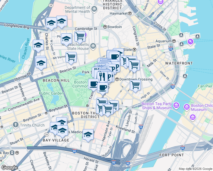 map of restaurants, bars, coffee shops, grocery stores, and more near in Boston