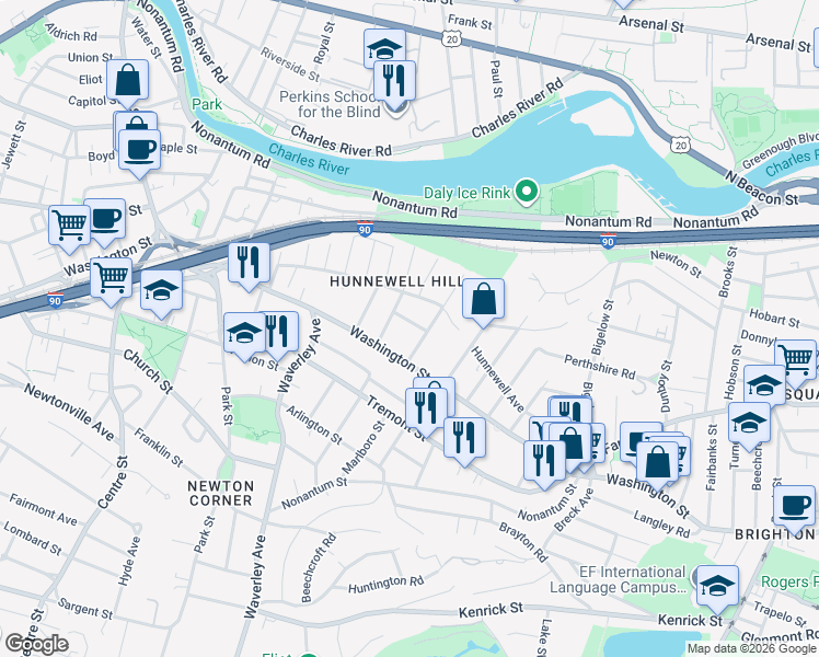 map of restaurants, bars, coffee shops, grocery stores, and more near 114 Grasmere Street in Newton