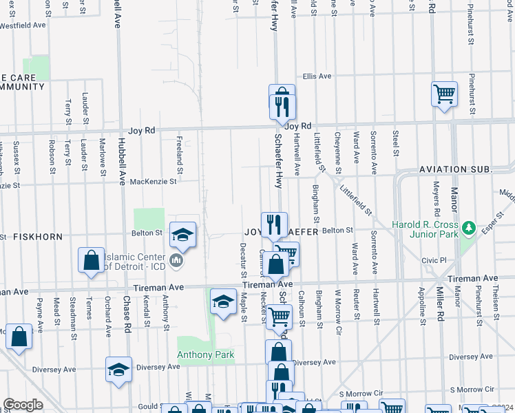 map of restaurants, bars, coffee shops, grocery stores, and more near 8281 Carlin Street in Detroit