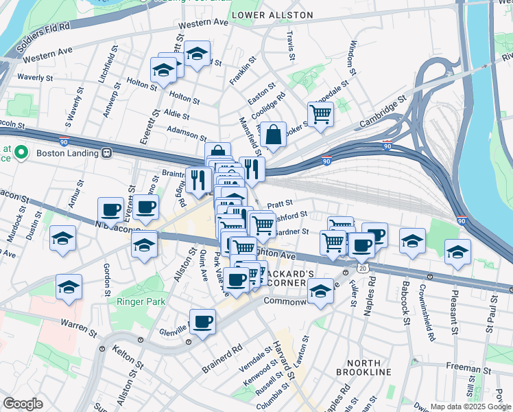 map of restaurants, bars, coffee shops, grocery stores, and more near 16 Highgate Street in Boston